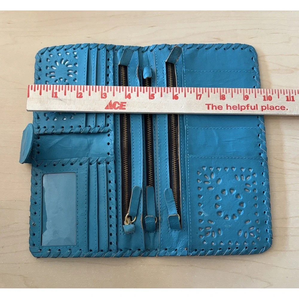 Anthropologie Cleobella Mexicana Leather Cut-Out Wallet Women OS Teal Blue Boho